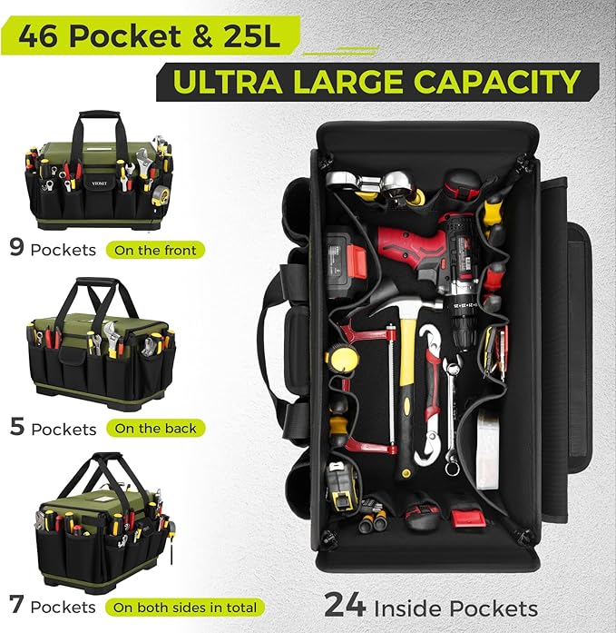 Heavy Duty Tool Bag 16-Inch, 46 Pockets Electrician Tool Bag for men with Hard Bottom & Waterproof Pocket, 1680D Tear-Proof Toolbox Organizer Tool Tote for HVAC Mechanic, Father Day Dad Birthday Gift - Image 3