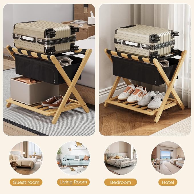 Full Assembled 26.77"L Luggage Rack for Guest Room, Set of 2 Foldable Suitcase Stand with 5 Nylon Straps & Cloth Bag, Luggage Stand Holder with Shoe Shelf for Suitcases Hotel (Natural Wood Bamboo) - Image 9