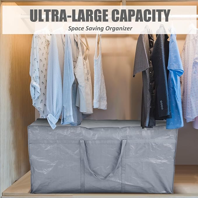 Windyun 4 Pack 69 Gallon Extra Large Moving Bags XXL Heavy Duty Storage Bag with Strong Zipper Handle Jumbo Big Tote Box Foldable for College Dorm Travel Clothes Duffle Blanket Pillow(Silver) - Image 6