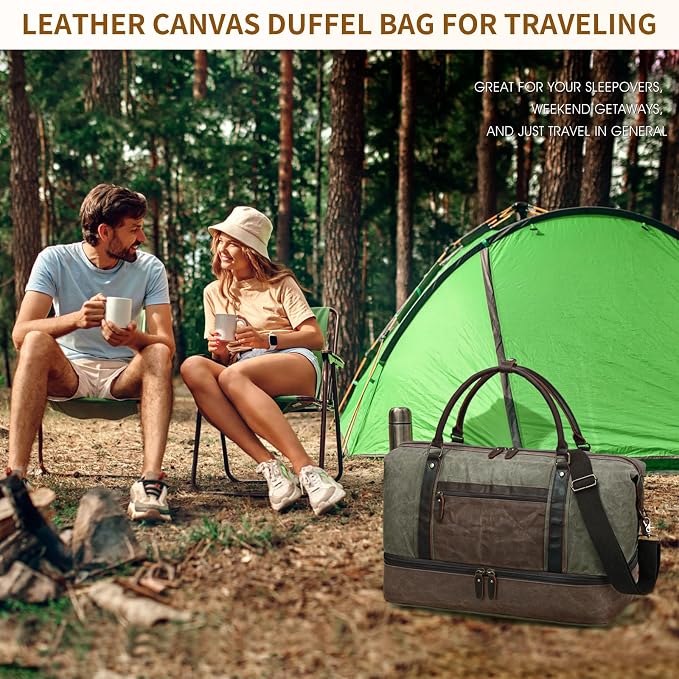 Waxed Canvas Duffel Bag with Shoe Compartment | 3-Piece Oversized Weekender Set Genuine Leather Trim Vintage Travel Carry-On Overnight Bag - Image 8