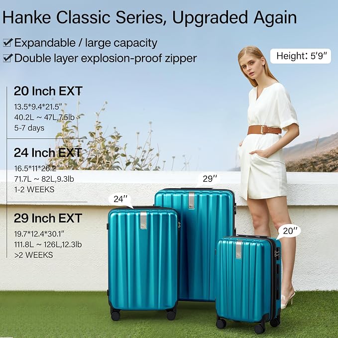 Hanke Expandable Hardshell Luggage Sets 3 piece Carry On Luggage with Wheels Suitcases Lightweight Checked Tsa Luggage Rolling Large Suitcase Travel Luggage Bag Woman Men 20/24/29 Inch(Caribbean Blue) - Image 2