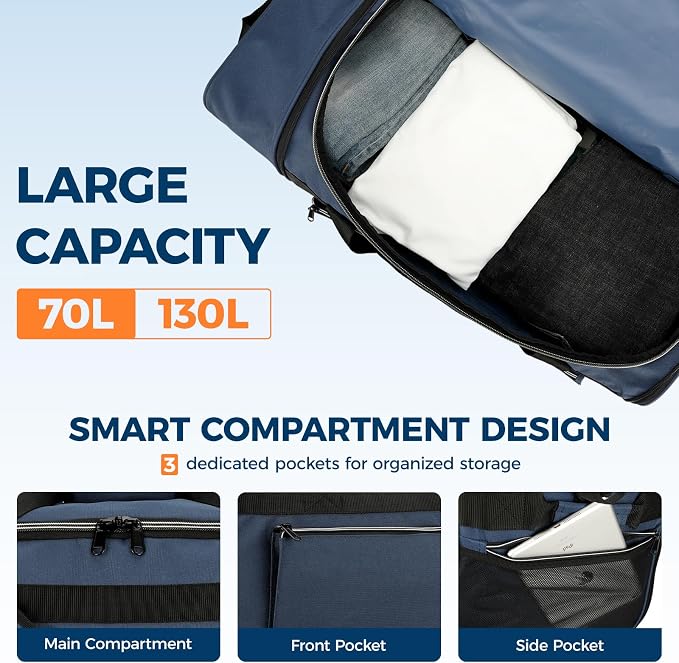 Uarition 70L Foldable Rolling Duffle Bag with Wheels, 28” Large Duffle Bag for Travel, Carry On Luggage Duffel Bag for Traveling/Camping/Moving, Water Resistant, Blue - Image 3