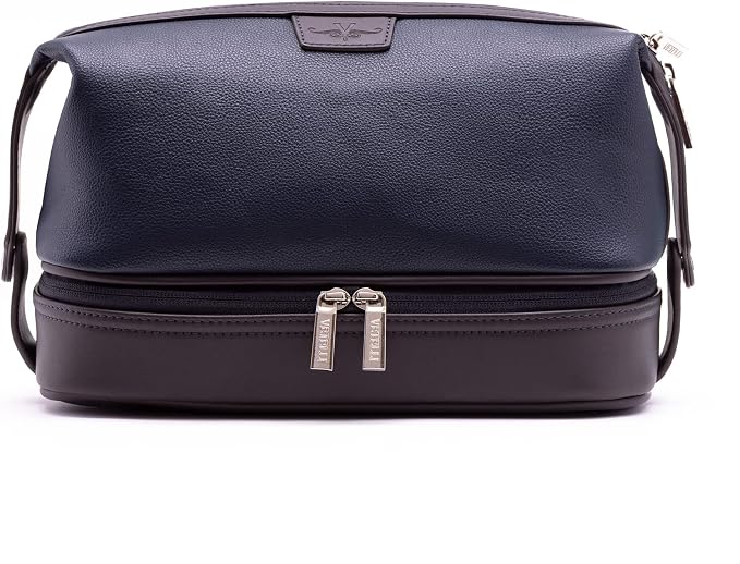 Vetell Leo Large Leather Men's Travel Toiletry and Shaving Case Bag with Upper and Lower Zippered Compartments, 3 Interior Loops and Carrying Handles - Image 8