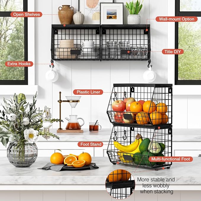 Goozii Black Kitchen Wall Hanging Storage Basket Set of 2, Rustic Stackable Kitchen Counter Fruit Organizer, Wire Baskets Container for Veggie, Garlic, Produce, Onion and Potato (Black Shelf) - Image 6