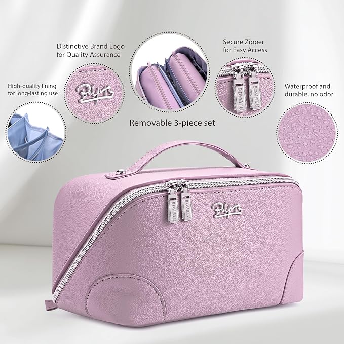BOYATU Travel Makeup Bag Cosmetic Bags for Women: 3 Pcs Set Large Capacity Make up Bag with Handle - Waterproof Vegan Leather Toiletry Bags Travel Essentials with Compartments(C-4-Purple) - Image 2