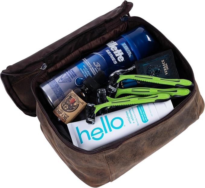 KomalC Leather Toiletry Bag For Men & Women, Handcrafted Travel Kit, Water-Resistant Shaving Bag For Men Travel, Premium Rustic Toiletry Pouch with Zipper Closure (1 Zip Hunter) - Image 5