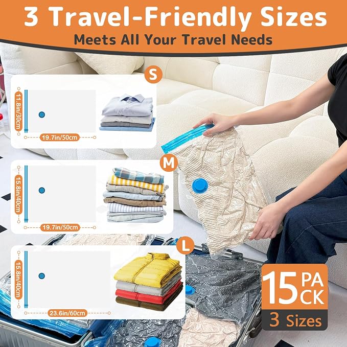 15 Pack Travel Vacuum Bags with Portable Electric Pump, Carry On Vacuum Seal Bags for Luggage and Suitcase, Space Saver Storage for Clothing and Travel Organization - Image 4