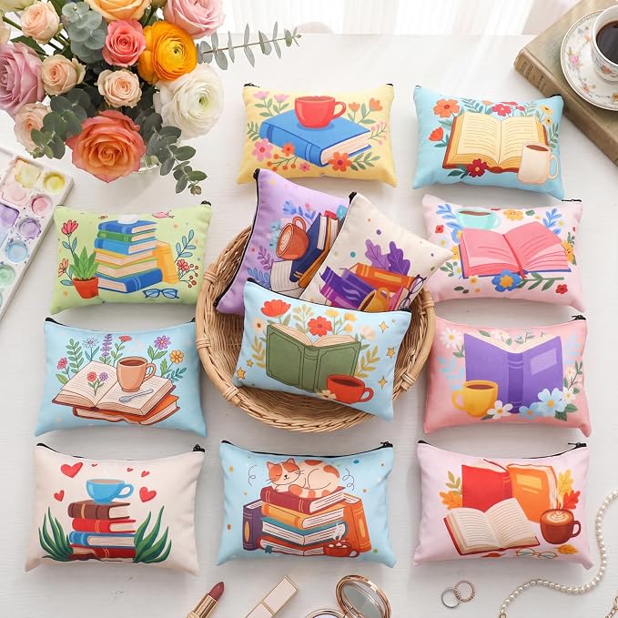 Sweetude 12 Pcs Book Club Gifts Book Makeup Bag Bulk Back to School Travel Cosmetic Bag with Zipper Bookish Waterproof Roomy Travel Toiletry Organizer Storage Beauty Pouch for Women Books Lover Gifts - Image 2