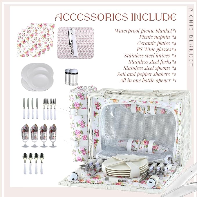 Picnic Basket Set for 4 with Waterproof Blanket Mat Insulation Bag Wicker Pink White Floral Classic Fresh Gift for Christmas Thanksgiving Wedding Birthday Camp Outdoor Beach Travel - Image 5