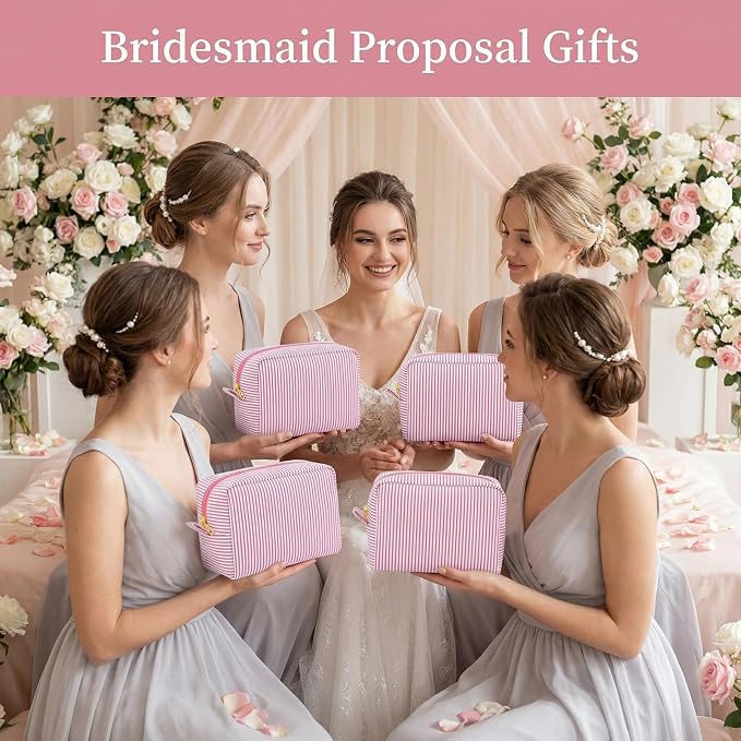 12 PACK Makeup Bags-Bulk Graduatin Gifts Seersucker Cosmetic Bag for Women Bridesmaid Gifts Makeup Pouch for Wedding Party Favors Bachelorette Party Decorations Travel Toiletry Organizer(12, Pink) - Image 8