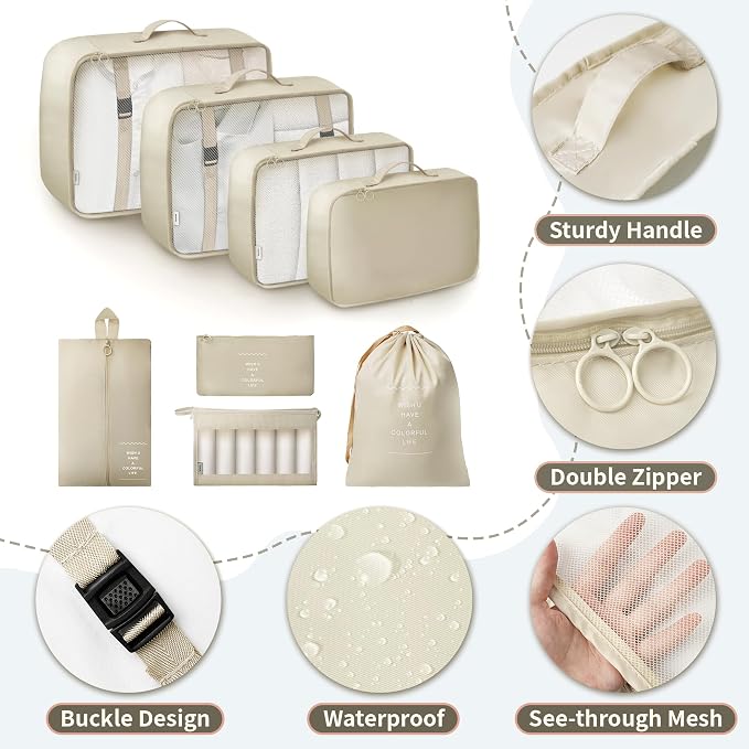 8 Pcs Travel Organizer Pouch Packing Cubes for Travel Clothes Space Savers Bags Cosmetics/Underwear/Socks/Shoes Toiletry Organiser Pouch (Beige) - Image 3