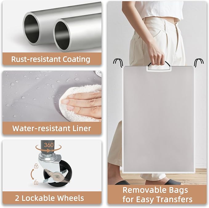 STORAGE MANIAC Laundry Sorter 4 Section, 47.5 Gal (180 L) Laundry Hamper with Wheels, Clothes Divider Basket Sorter, Separator Hamper Cart with Removable Bags, Gray - Image 4
