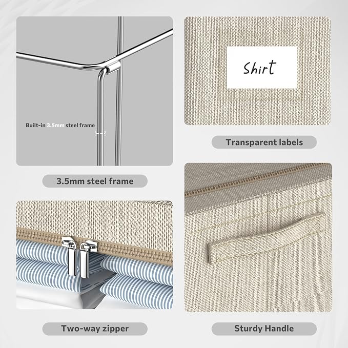 CYhom Clothes Storage Bins Box - Linen Fabric Foldable Stackable Container Organizer Set with Clear Window & Carry Handles & Metal Frame for Bedding, Blankets, Books (Beige, Medium-36L) - Image 4