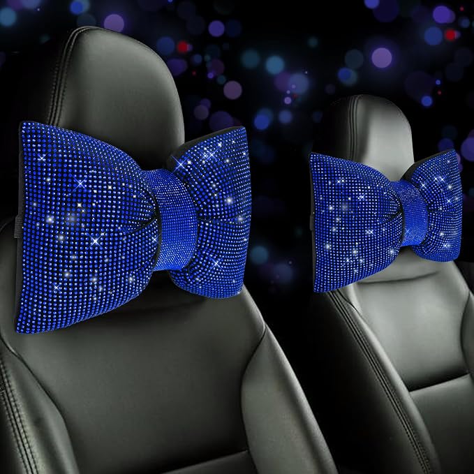 4 PCS Bling Car Pillows,Rhinestones Bowknot Car Headrest Pillow, Blue | Car Neck Pillow for Driver Relax Neck Support,Sleeping Travel Support Neck Pillow,Diamond Interior Accessories for Women by ChuLian