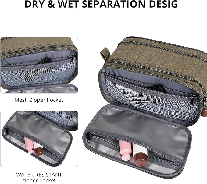 WITZMAN Canvas Toiletry Bag for Men Travel Toiletries Large 7L Dopp Kit | Multi-pockets with Dry-wet Pocket, Side Handle for Hanging, Lightweight, For Daily Use, Bathroom, Make up, A8002 Army Green - Image 5
