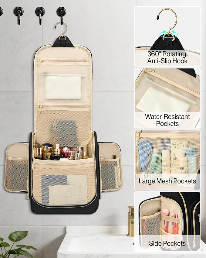 Hanke Hanging Travel Toiletry Bag for Men and Women, Water-Resistant Toiletries Bag Makeup Organizer with Hook, Cosmetic Bag for Bathroom & Travel Essentials Accessories, Black - Image 5