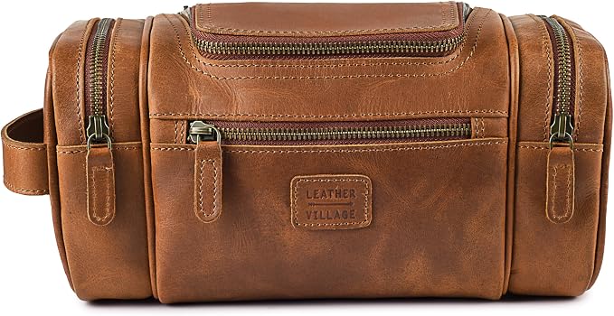 LEATHER VILLAGE Genuine Leather Travel Dopp Kit for Men & Women – Water-Resistant Large-Capacity Hanging Toiletry Bag for Travel, Grooming, Bathroom Organization, Shaving Essentials & Gym Use - Tan - Image 2