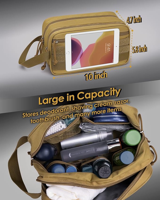 TACTICISM Toiletry Bag for Men - Dry Wet Separate Hygiene Bag Travel Toiletry Bag, Tactical Molle Dopp Kit for Men with Water-Resistant Shaving Bag for Adult Women for Travel, Brown
