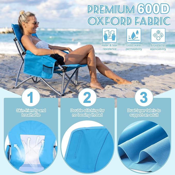 HaSteeL Low Beach Chairs for Adults, Lightweight Camping Folding Chair with Carrying Bag, Portable for Outdoors Lawn Backyard Patio RV Trip Fishing Sport Tailgating, Support 300LBS, Blue, 2 Pack - Image 3
