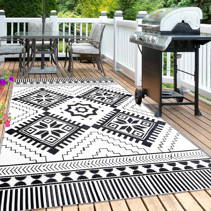 Waterproof Outdoor Rug 5x8ft, Boho Reversible Plastic Straw Mat for Patio RV Deck Porch Backyard Balcony Camping Picnic Beach Indoor Outdoor Carpet, Black&White - Image 6