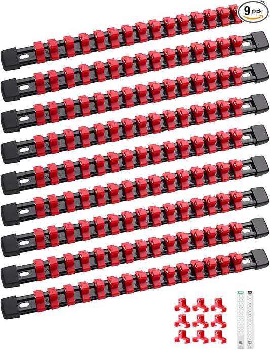 ALOANES 9PC ABS Socket Organizer, Socket Rails Fit 3/8 inch Drive | Heavy Duty Socket Holders Hold up 135 Sockets for Mechanics Toolbox Drawer Bags(Red) by Aloanes
