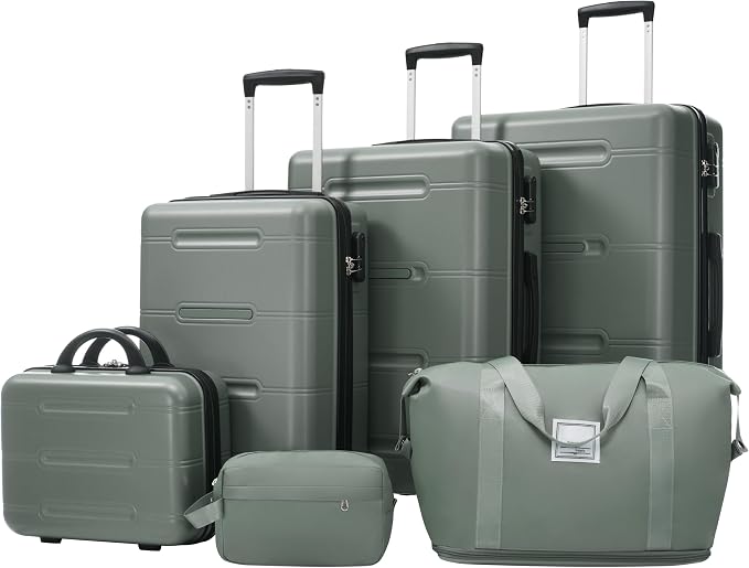 Army Green 6 Piece Luggage Set Hard Shell - Checked Suitcases with Spinner Wheels and Duffel Bags for Family Travel, Durable Carry On Luggage Sets with Lock & Cosmetic Case for Women and Men by Unknown