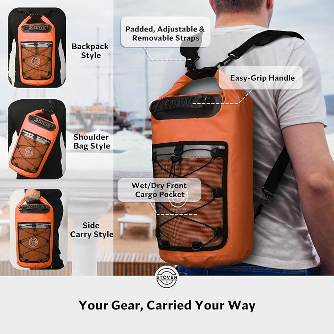 STOVER 5/10/25/30/40L Waterproof Dry Backpack & Phone Case- Large Floating Dry Bag for Kayaking, Travel, Hiking, Fishing, Camping, Motorcycles & Beach, Heavy-Duty Roll Top Men/Women (Orange) - Image 3