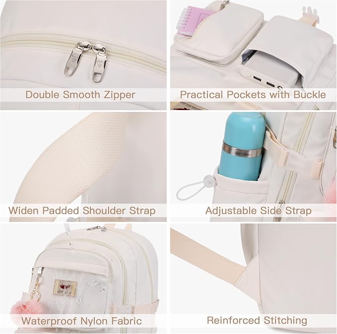Laptop Backpack 15.6 Inch Elementary Middle High School Bag College Backpacks with Lunch Box Pencil Pouch 3 PCS Set Travel Bookbags for Teens Girls Women Students (Off-white) - Image 4