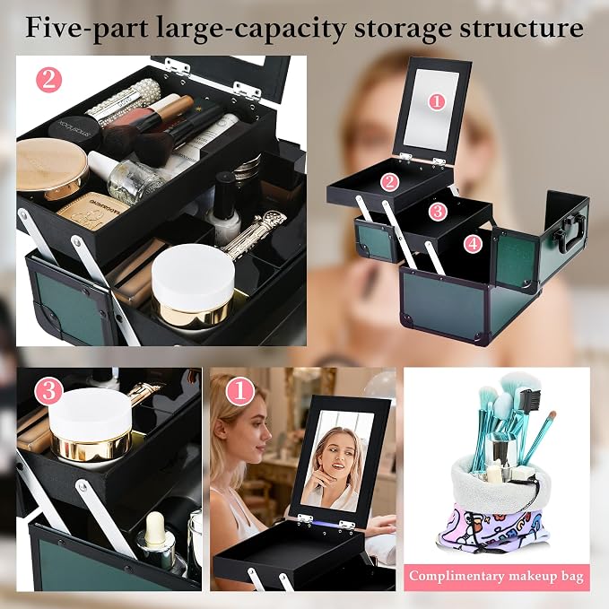 Makeup Train Case, Portable Makeup Case with Mirror, 2-Trays Cosmetic Organizer Case,Nail Polish Organizer, Travel Makeup Box, Profesional for Salon Barber, Green - Image 5