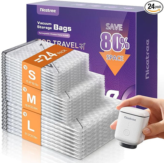 Nicetree 24-Pack Vacuum Storage Bags with Rechargeable Wireless Pump | 3 Sizes (20/24/28 Inch) Travel Vacuum Seal Bags for Clothing, Bedding & Seasonal Storage | Space Saver for Luggage by Nicetree