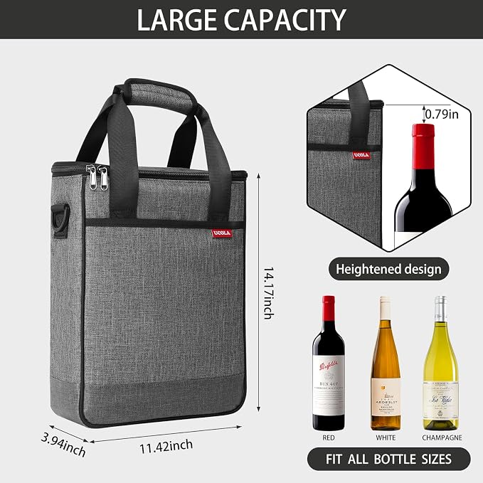 Wine Cooler Bag, Leakproof Insulated Wine Carrier Tote | Fits 2, 3 or 6 bottles with removable divider, shoulder strap, BYOB travel tote for champagne, liquor, picnic and gifts - Image 2