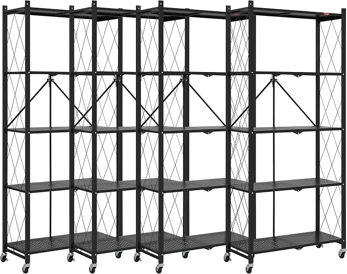 DEANIC 5 Tier Foldable Storage Shelves with Wheels, Large Capacity Shelving Unit, Freestanding Metal Wire Shelf Rack, No Assembly Organizer Rack for Garage Kitchen, Basement, Pantry,Black,4 Pack by ShowNow