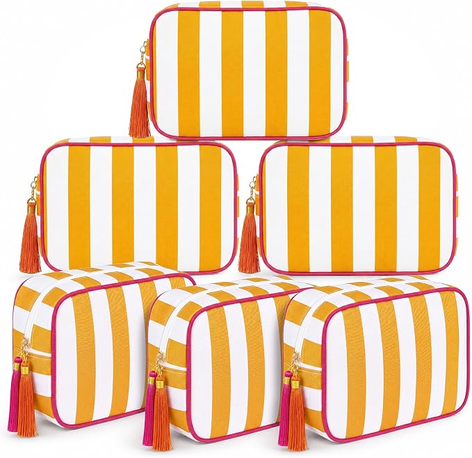Kacctyen 6 Pack Orange and White Striped Makeup Bag bulk with Tassel Travel Cosmetic Pouch Organizer Large Zipper Toiletry Case for Women Aesthetic Storage Pouch Mahjong Tile Bag by Kacctyen