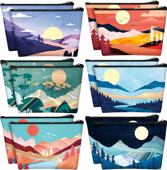 Sweetude 12 Pcs Mountain Makeup Bags Bulk Colorado Gifts Portable Mountain Travel Cosmetic Bags with Zipper Waterproof Portable Roomy Travel Toiletry Organizer Storage Beauty Pouch for Women Gifts by Sweetude