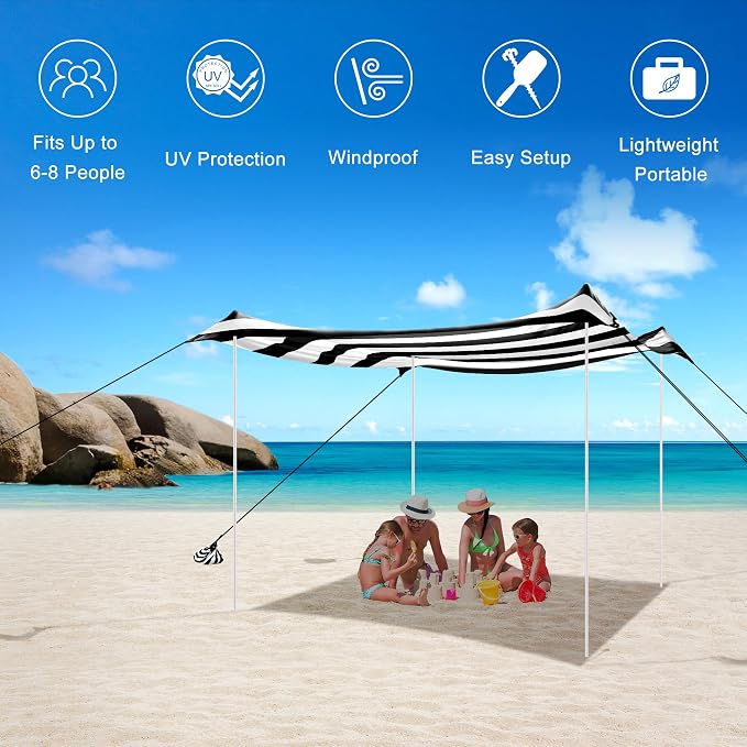 Beach Tent, Beach Canopy Sun Shade UPF 50+, Portable 10×10 FT Camping Sun Shelter with Sandbags, Poles, Ground Pegs and Anti-Wind Ropes for Outdoor, Backyard, Picnics, Fishing-Black Stripe - Image 3