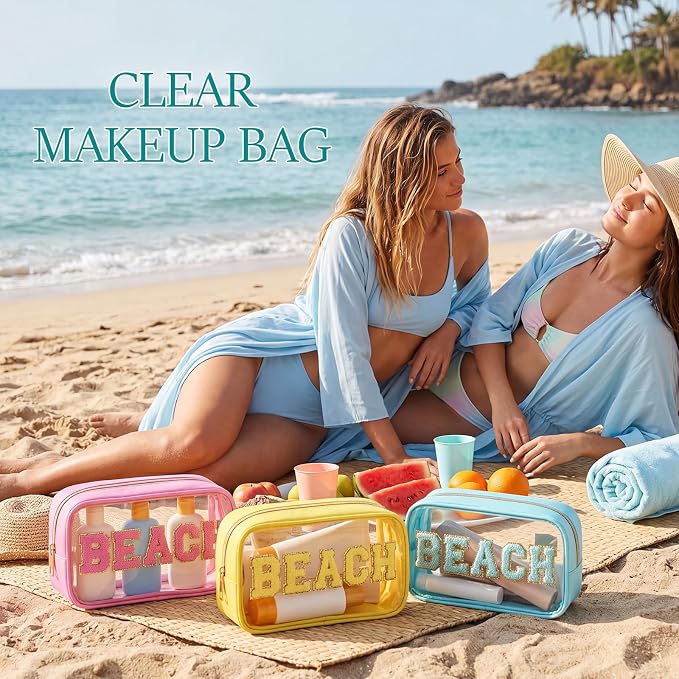 Kacctyen 10 Pcs Beach Clear Makeup Bags with Zipper in 5 Assorted Colors, Chenille Letter Sunscreen Bags Bulk, Waterproof Clear Toiletry Bag for Women Beach Pool Trip & Summer Birthday Party Favors - Image 7
