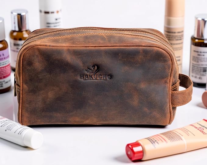 Leather Toiletry bag for men - Travel Pouch for Men & Women, Leather Dopp Kit, Cosmetic Makeup Kit with Waterproof Lining, Spacious Zippered Organizer (Tan Brown) - Image 8