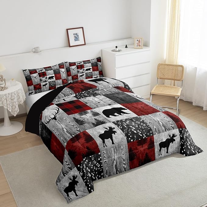 Erosebridal Rustic Deer Bear Comforter Twin,Farmhouse Moose Bedding for Kids Boys Girls,Hunting Animal Comforter Sets,Buffalo Check Patchwork Duvet Insert with 1 Pillowcase Lightweight Warm - Image 5