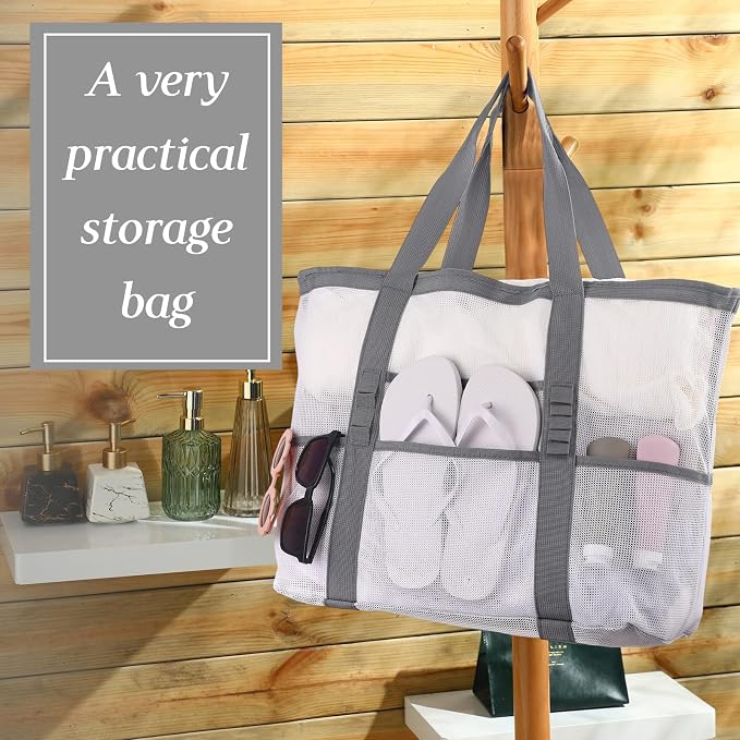 Hillban Large Beach Mesh Bags Bulk for Women Beach Tote Bag with 8 Pocket Zipper Waterproof Sandproof for Pool Cruise Ship - Image 5
