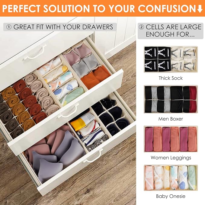 Criusia 6 Pack Sock Underwear Drawer Organizer Dividers, 58 Cell Foldable Fabric Dresser Closet Organizers and Storage Bins for Clothing, Baby Clothes, Bra, Panty, Scarf, Ties (Beige) - Image 3