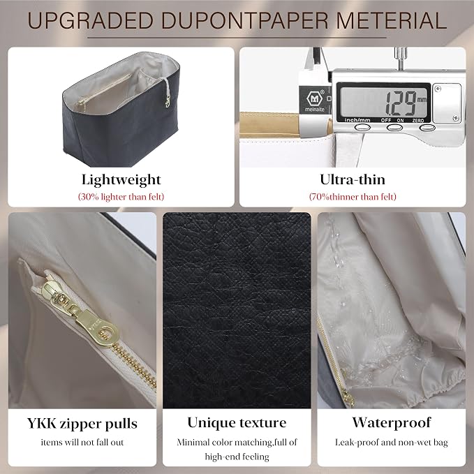 DOXO Purse Organizer Insert for Longchamp Le Pliage Medium, 6-Compartment Bag Organizer with YKK Zipper Pocket, Cup Holder, Key Chain, Waterproof DupontPaper Lightweight Handbag Shaper (Black Beige,M) - Image 6