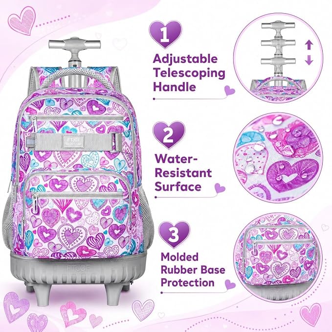 3pcs Rolling Backpack for Girls, 19 Inche Adult Bag with Roller Wheels, Wheeled Bookbag Set for Women - PinkGrey - Image 3
