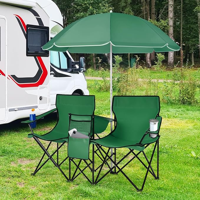 Goplus Double Camping Chair with Umbrella, Folding Loveseat Chairs w/Canopy Shade, Carrying Bag, Table, Cup Holder, Portable Beach Chairs Outdoor Picnic Patio (Green) - Image 2