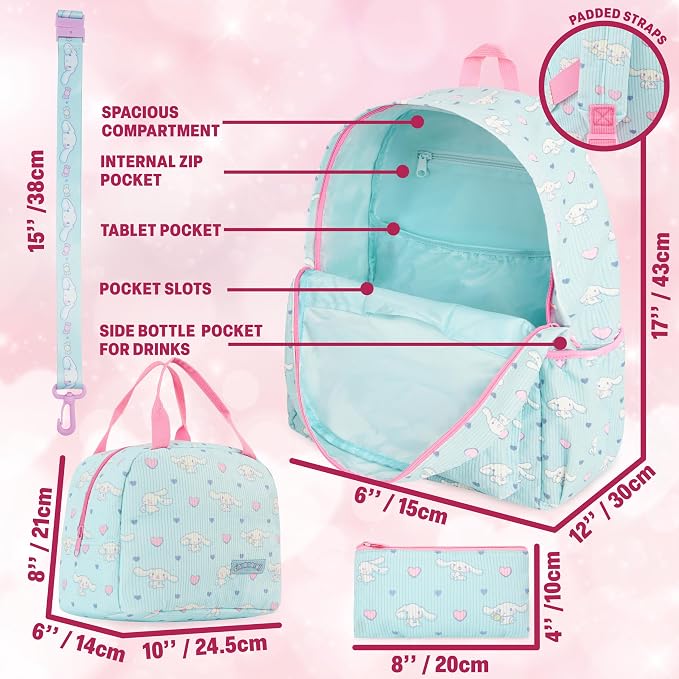 Get Trend Cinnamoroll Girls Corduroy Backpack 4 Piece Set | 17 inch Bookbag with Laptop Pocket, Insulated Lunch Bag, Zipped Pencil Case & Lanyard, Back to School Kawaii Gifts for Girls - Image 3