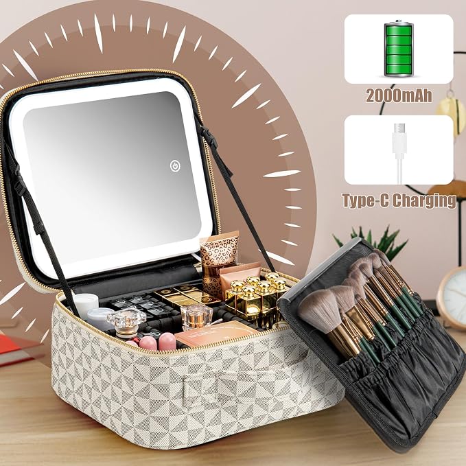 Extrei Gent Makeup Travel Train Case with Mirror LED Light 3 Adjustable Brightness Large Cosmetic Bag Portable Storage Adjustable Partition Waterproof Makeup Brushes Make up Jewelry Gift for Women - Image 2