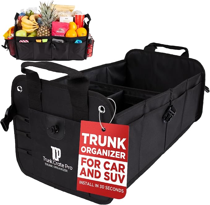 Car & Vehicle Trunk Organizer for SUV, Truck & Auto Storage, Black | Fits Cars, SUVs & Trucks 3 Adjustable Compartments Non-Slip Base & Straps Collapsible Heavy-Duty Storage Car Accessories by TRUNKCRATEPRO