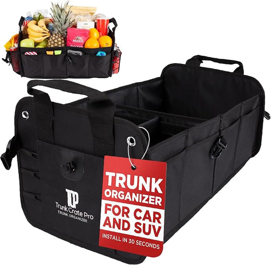 Car & Vehicle Trunk Organizer for SUV, Truck & Auto Storage, Black | Fits Cars, SUVs & Trucks 3 Adjustable Compartments Non-Slip Base & Straps Collapsible Heavy-Duty Storage Car Accessories by TRUNKCRATEPRO