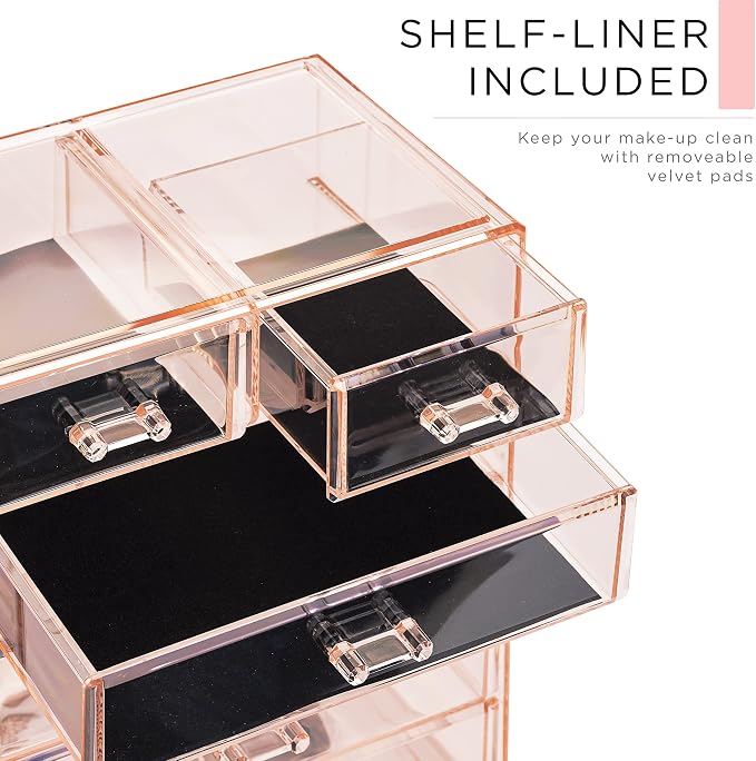 Sorbus Acrylic Makeup Organizer Set, 6-Drawer Vanity & Countertop Cosmetic Storage with Small & Wide Compartments, Pink Makeup Storage for Brushes, Jewelry – Holiday Gift for Women & Teens - Image 6