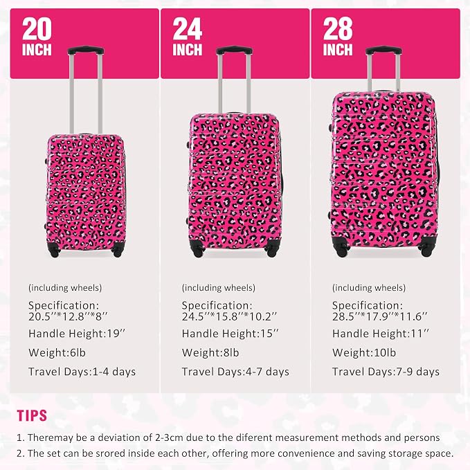 Merax Luggage Sets 3 Piece,Hardside Expandable Suitcase Set 20+24+28 IN | Lightweight Leopard Luggage with Spinner Wheels,Leopard Hot Pink - Image 2