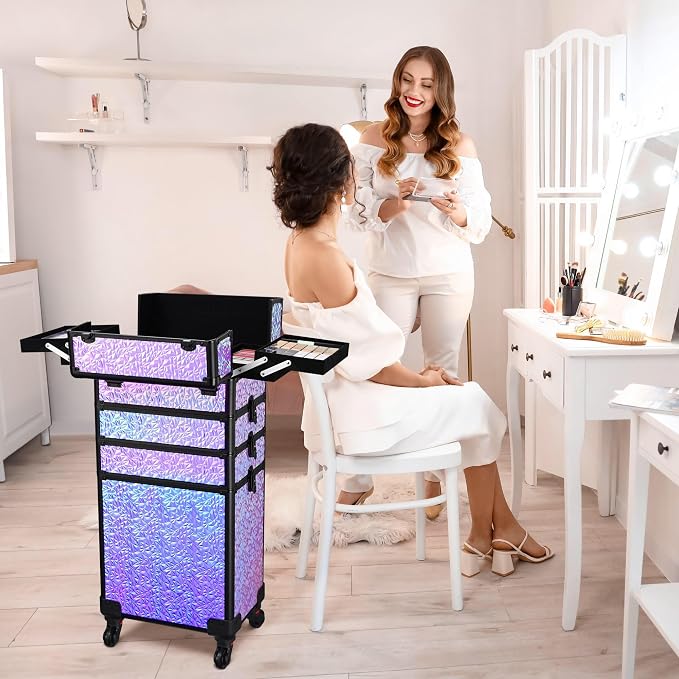 BYOOTIQUE 4in1 Cosmetology Case on Wheels w/Cosmetic Storage Makeup Artist | Aluminum Rolling Makeup Suitcase 360° Detachable Wheel Lockable Makeup Case Organizer w/ Mirror Nail Tech Mermaid Purple - Image 4